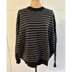 FRNCH Paris Black/Silver Metallic Stripe Oversized Crew Neck Sweater Size M/L